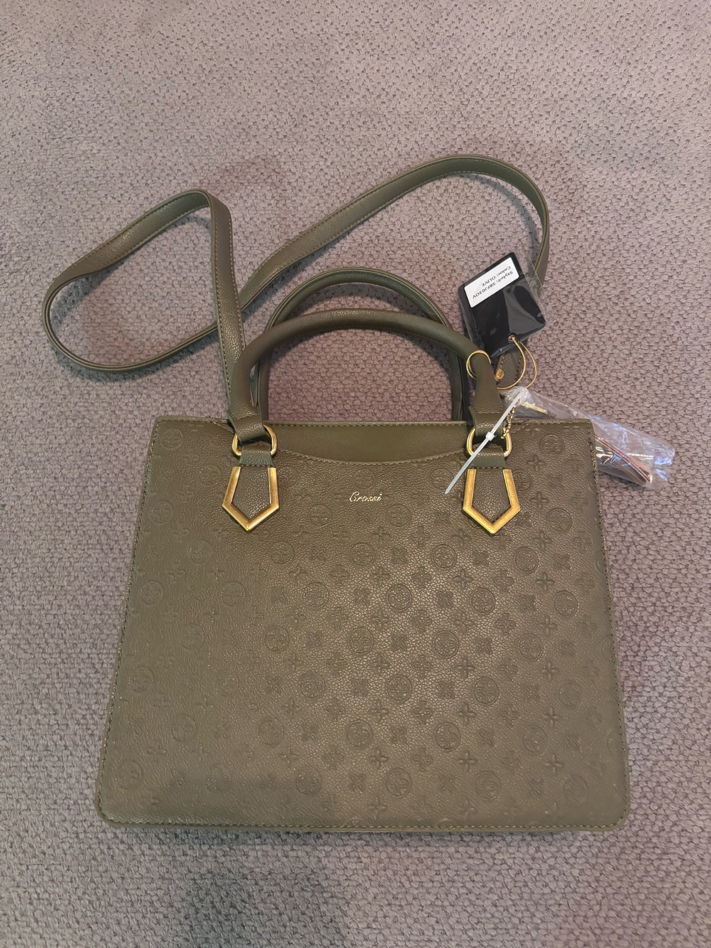 Olive Green Embossed Tote Bag
